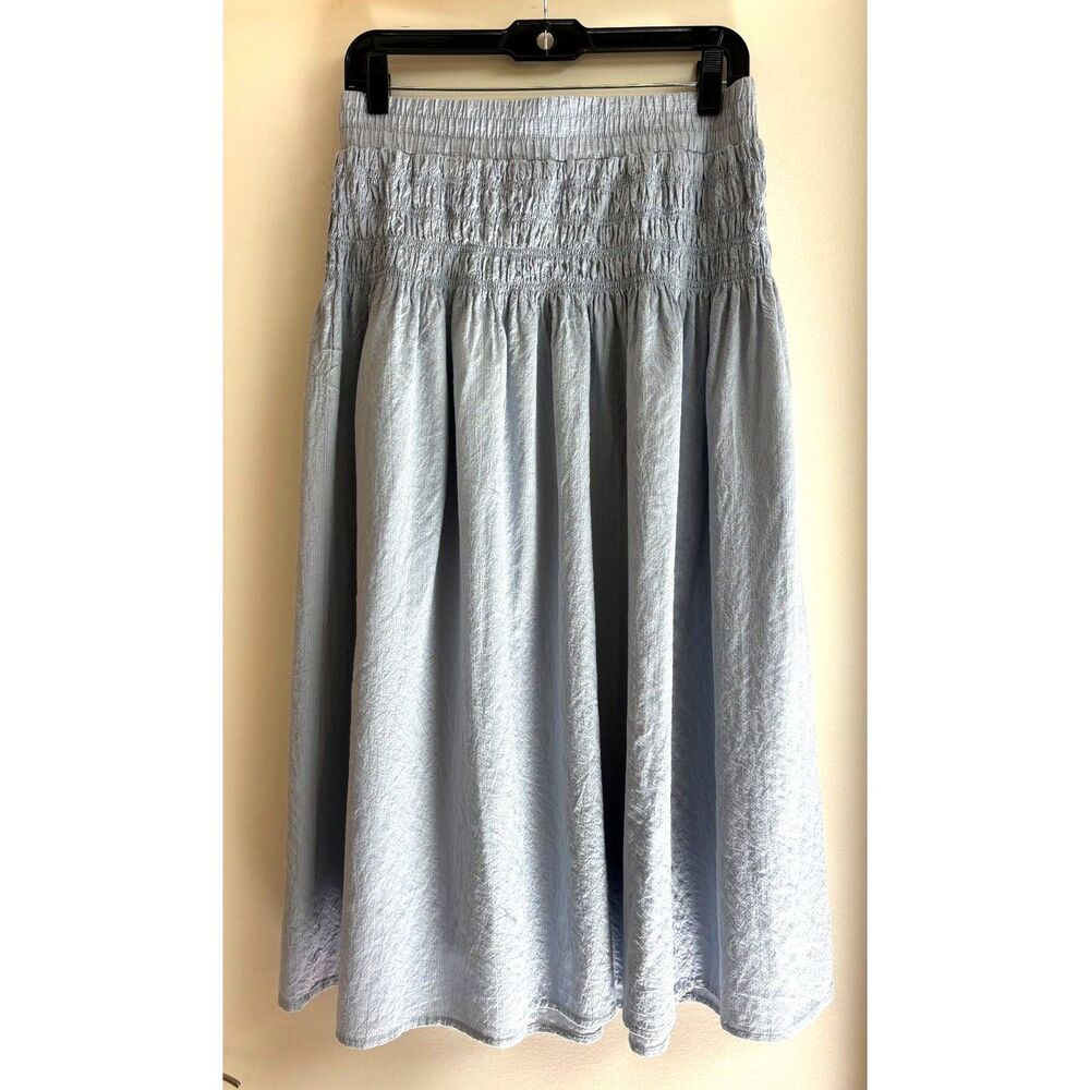Blue Cotton Modal Midi Skirt M Smock High Waist Resort Crinkle Pinstripe Peasant - Picture 8 of 8
